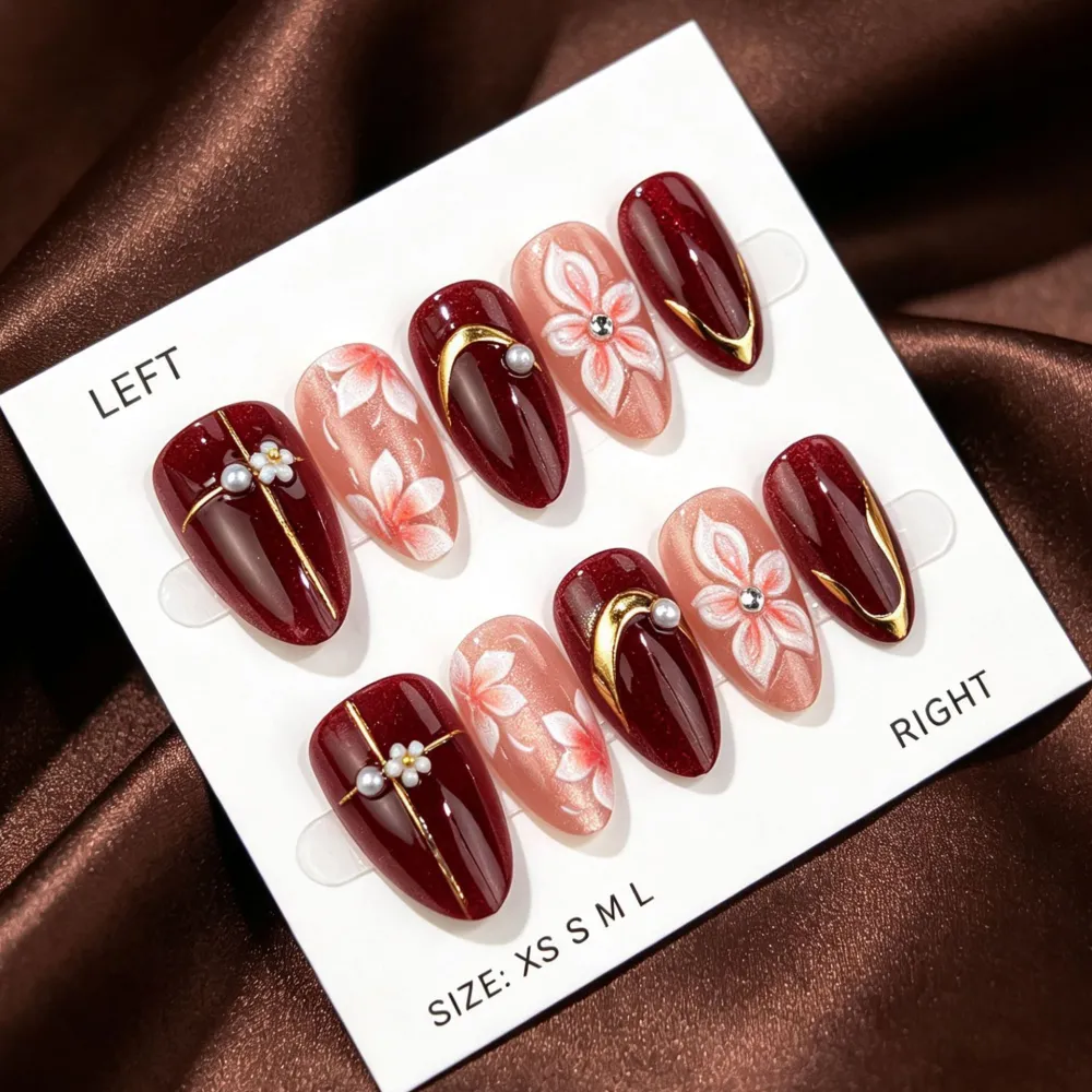 Nailhour 30Pcs Medium Almond French Floral 3D Press On Nails