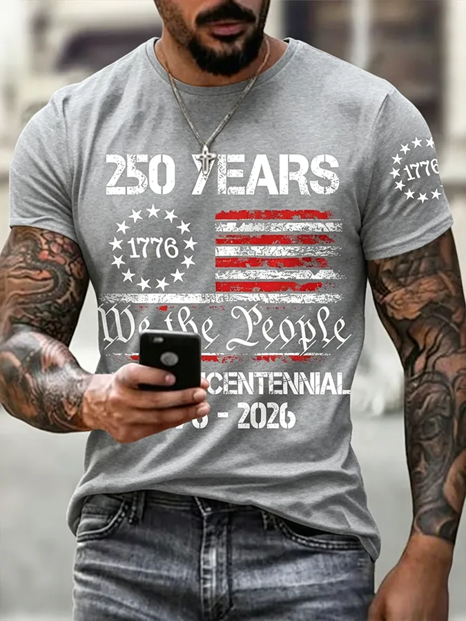 Men'S Casual 250Th Anniversary Celebration Of The Founding Of The United States, Personalized Printed Round Neck T-Shirt