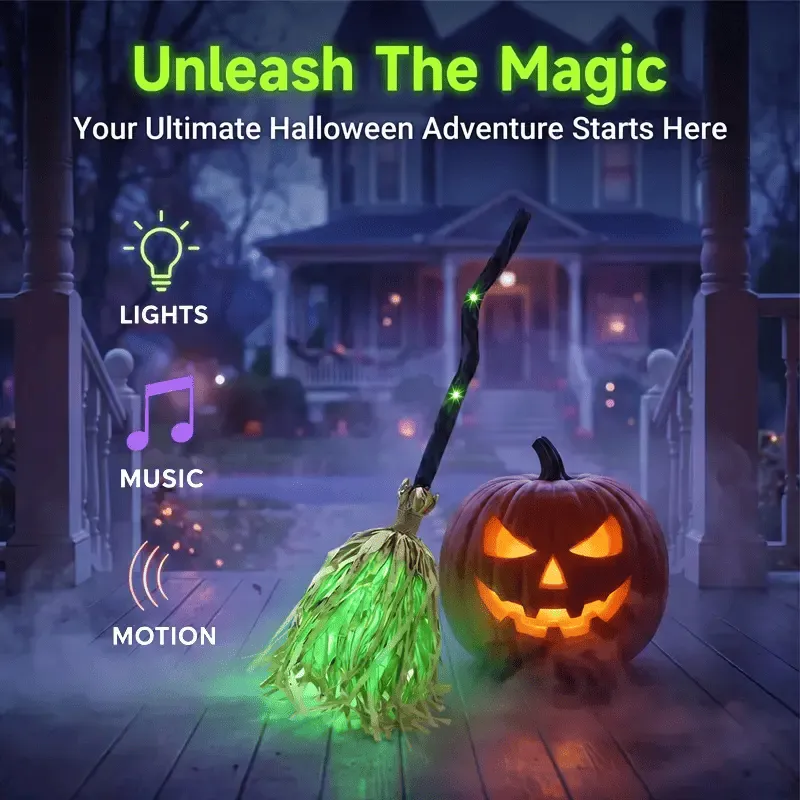 Motion Activated Witch Broom LED Glowing Musical Decor Halloween Interactive Prop