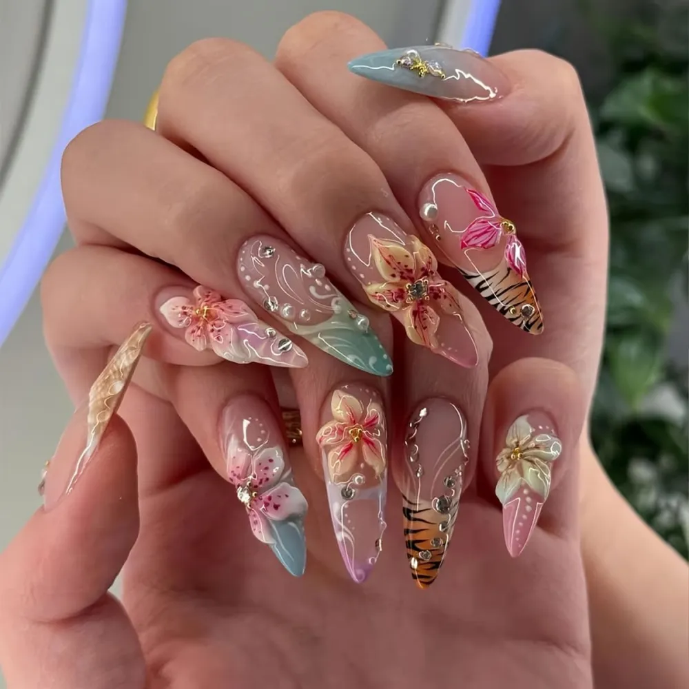 Nailhour 24Pcs 3D Floral Rhinestone Long Almond Press On Nails