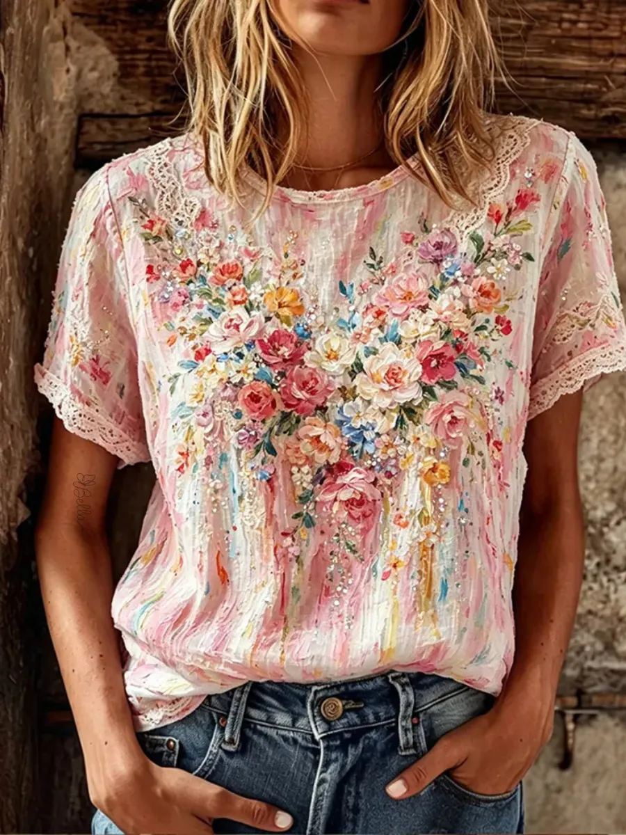 Women's Vintage Oil Painting Floral Art Print Linen Blend Crew Neck Short Sleeve Top