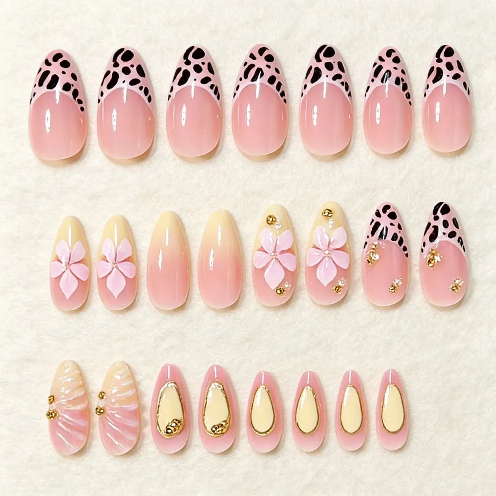 Nailhour 24Pcs Yellow Gilded French 3D Floral Medium Almond Press On Nails