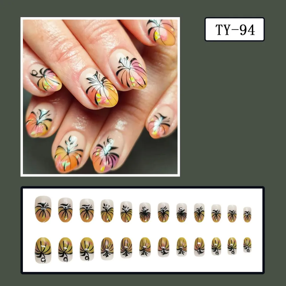 Nailhour 24Pcs Autumn Thanksgiving pumpkin Short Oval French Press On Nails