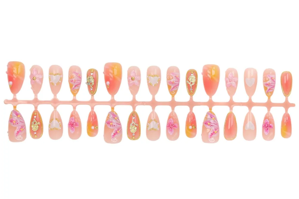 Nailhour 30Pcs Blending 3D Gilded Medium Almond French Press On Nails