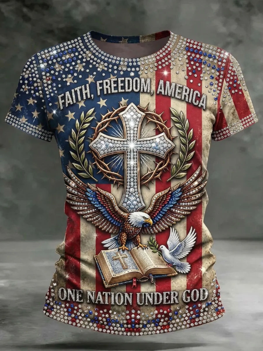 Women'S One Nation Under God American Flag Eagle & Cross Art Print Casual T-Shirt