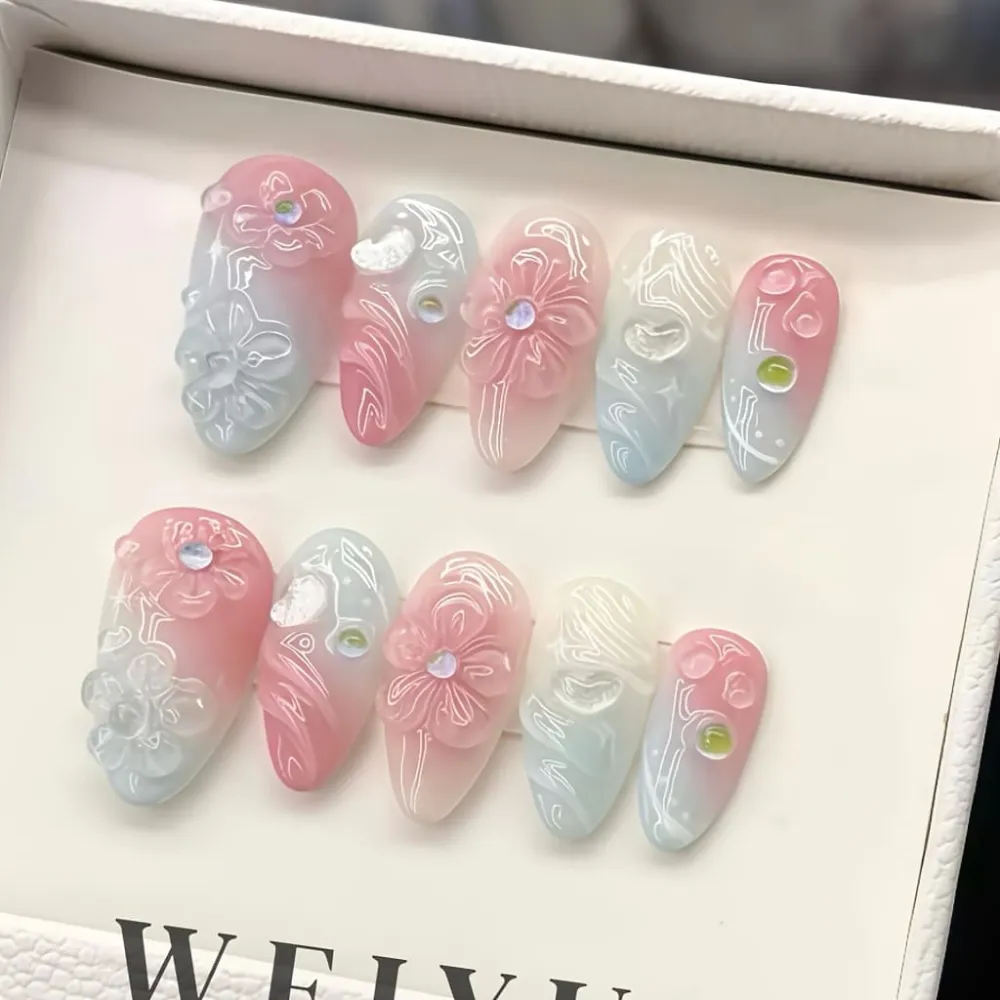 Nailhour 30Pcs Gradient Rhinestone 3D Floral Medium Almond Press On Nails
