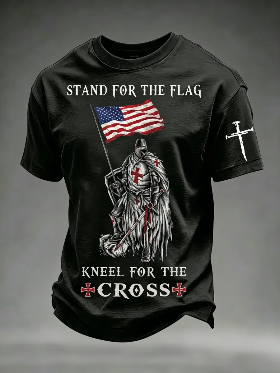 Men's America's 250th Anniversary Stand For The Flag Kneel For The Cross Faith Christian Cross Print T-Shirt