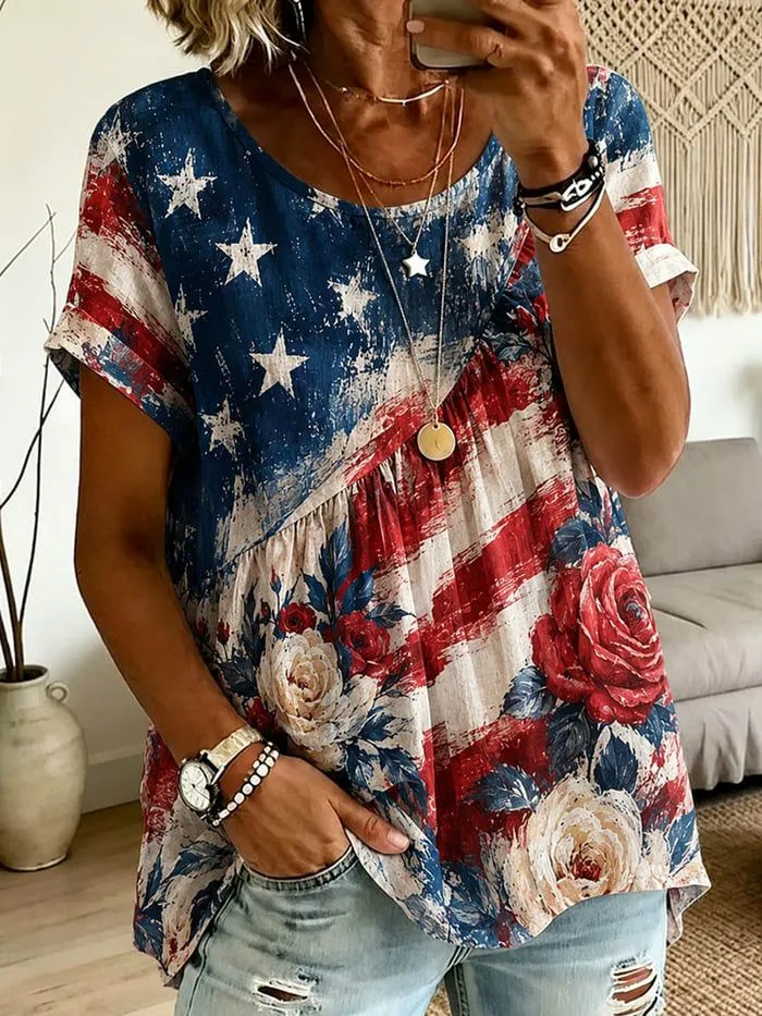 Women'S Casual Retro Patriotic Cotton And Linen Shirt
