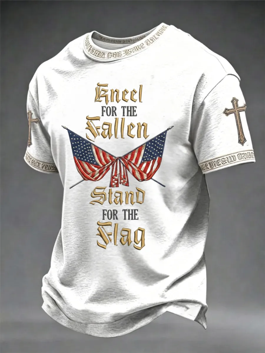 Men's America's 250th Anniversary Stand For The Flag Kneel For The Cross Faith Christian Cross Print T-Shirt