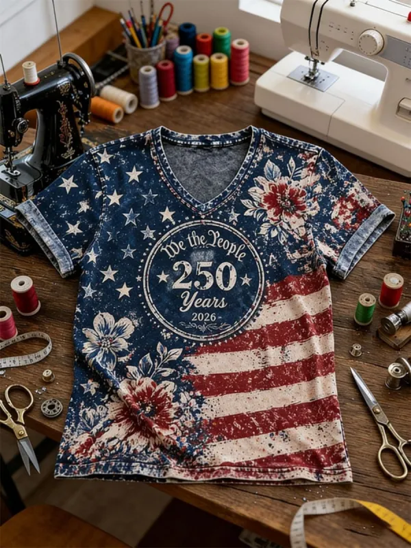 Women's Vintage Flag & Floral Color Block Print V Neck T-Shirt