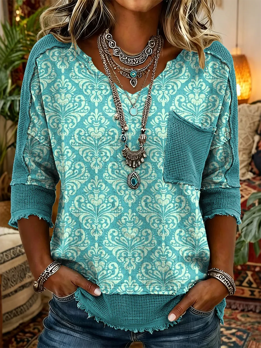 Women's Retro Ethnic Art Print Casual Three-quarter Sleeve V-neck Patchwork Cotton Linen Shirt