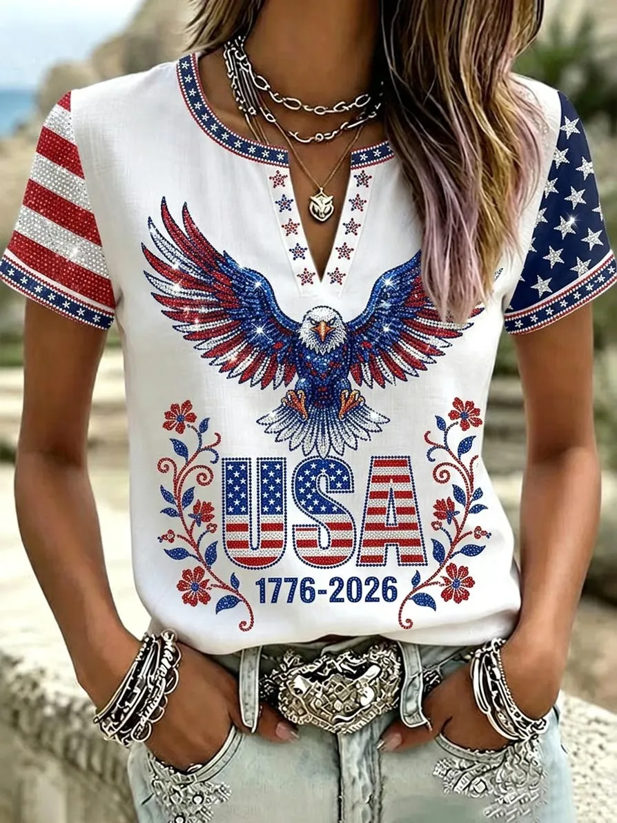 Women'S Casual Cotton Linen American Independence Day Floral Art Printed Short Sleeved T-Shirt