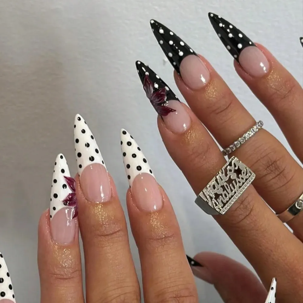 Nailhour 24Pcs French Long Stiletto 3D Black And White Polka Dot Press On Nails