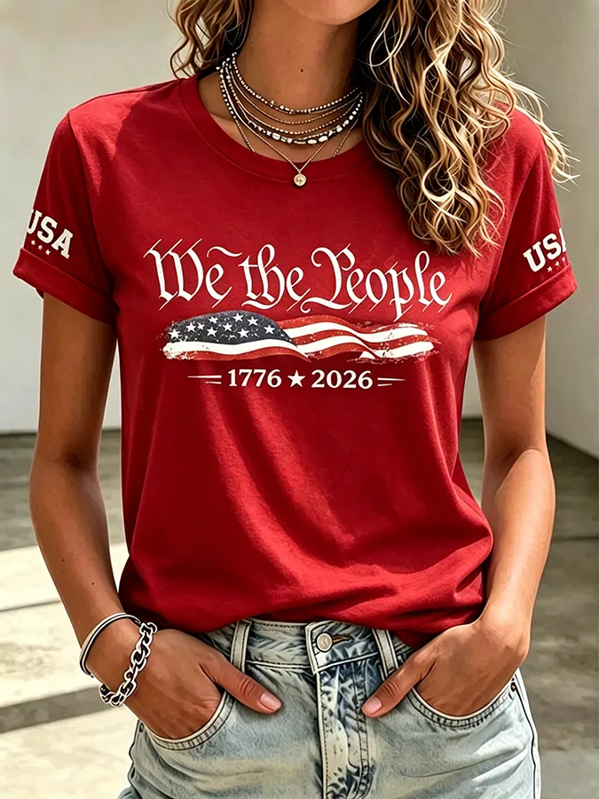 Embroidered Printed Round Neck Short Sleeved T-Shirt Commemorating The 250Th Anniversary Of The United States