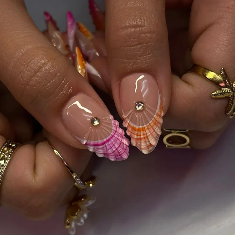 Nailhour Summer Holiday 3D Pink Orange Floral 24Pcs French Press On Nails