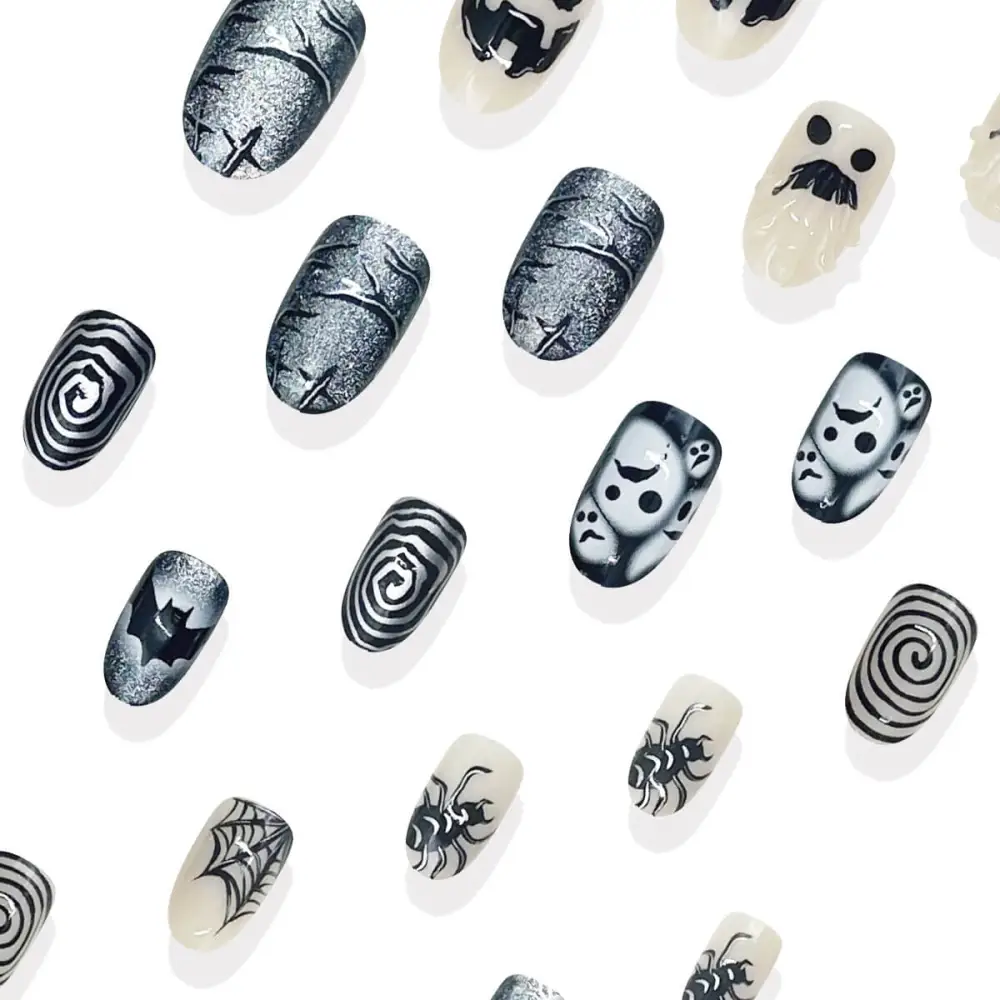 Nailhour 24Pcs Halloween 3D Short Oval Glitter Gothic Press On Nails