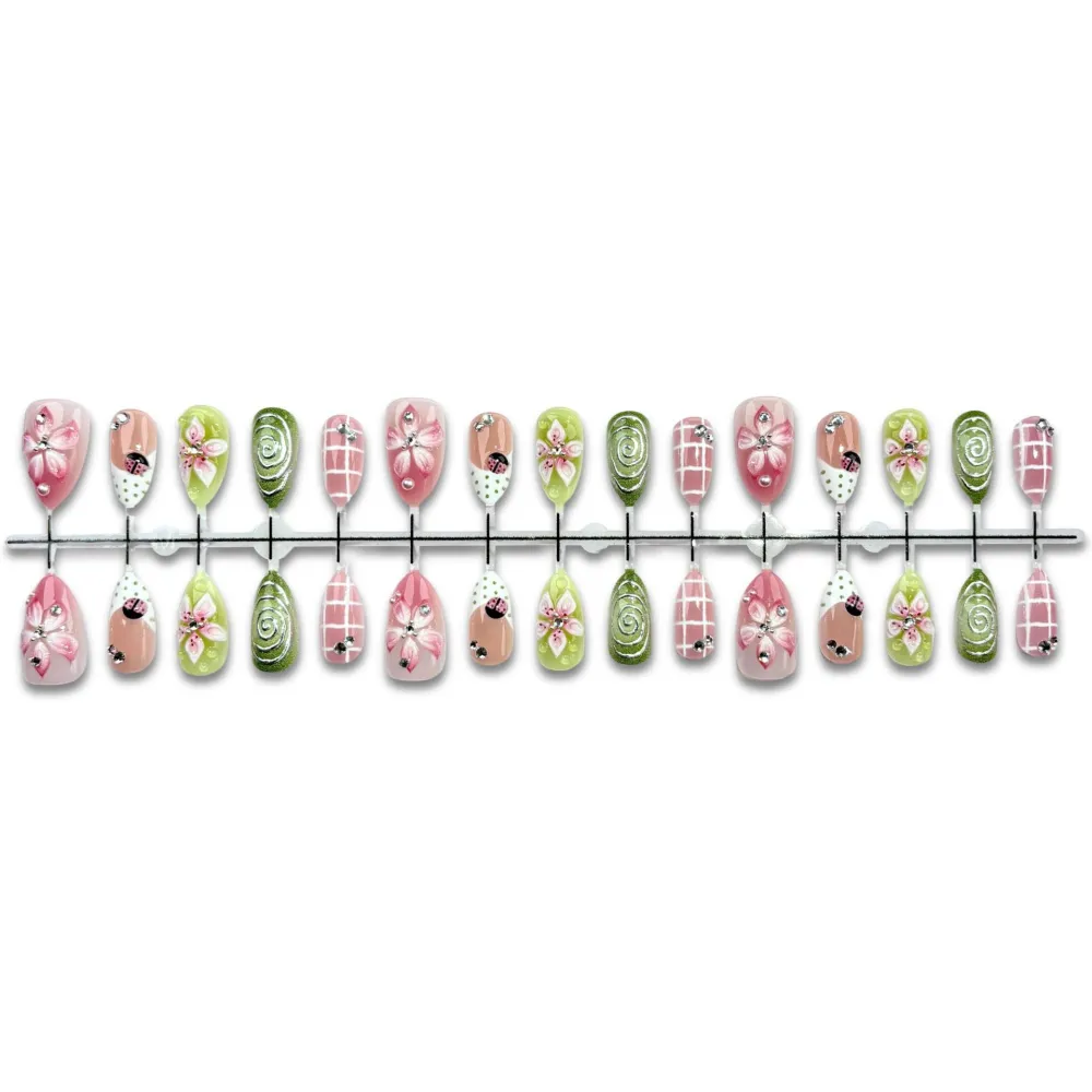 Nailhour 30Pcs Gilded 3D Floral Carving Medium Almond Press On Nails