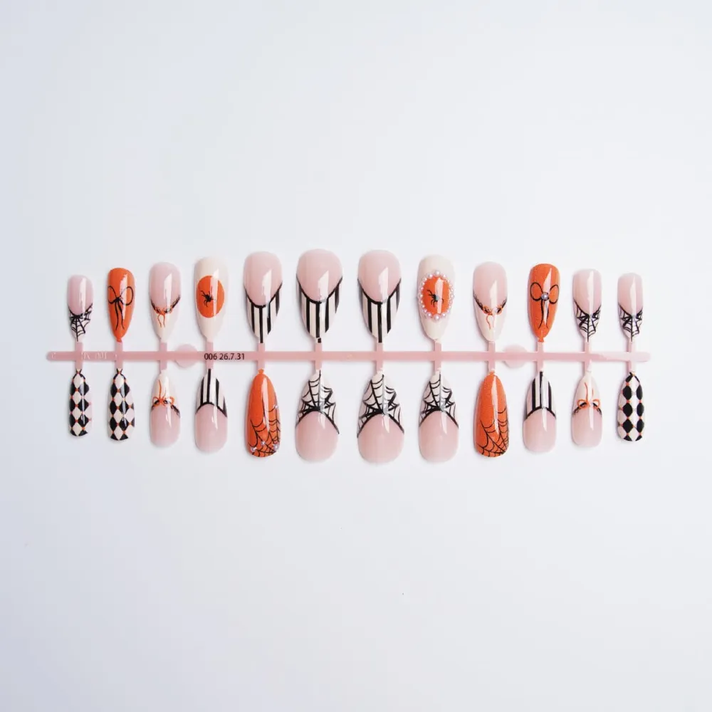 Nailhour 24Pcs Halloween Spider Web Medium Almond French Press On Nails