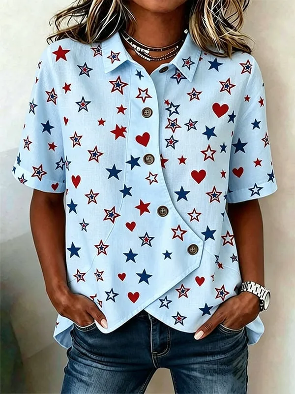 Women's Casual American Star Striped Printed Top