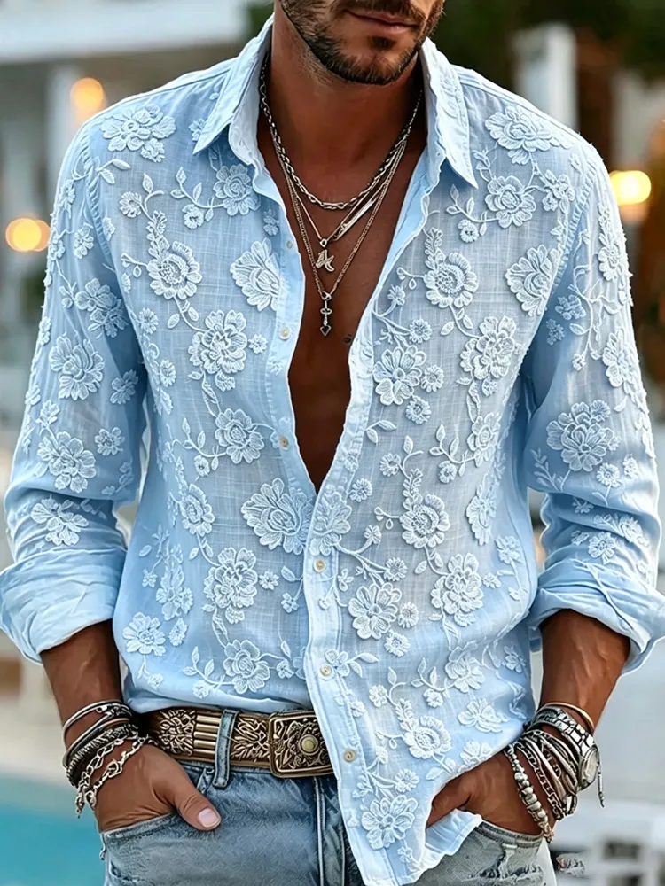 Men's Vintage Floral Embroidery Art Cozy Linen Blouse