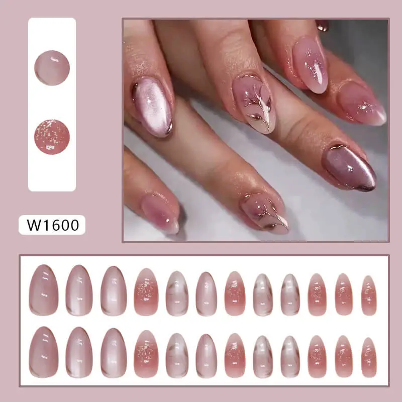 Nailhour 24Pcs Gradient Gilded Cat Eye Short Almond Press On Nails