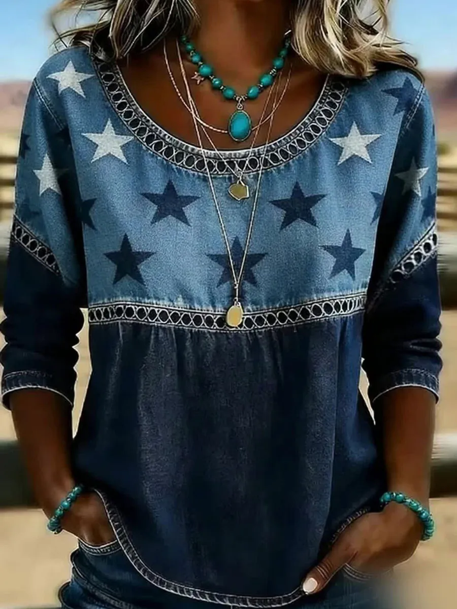 Women's Casual Round-Neck Printed Cotton-Linen Top