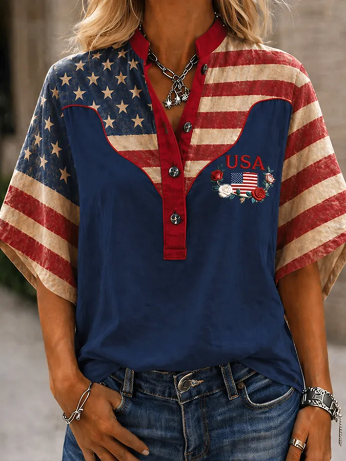 Women'S Casual American Flag Patterned Short Sleeved Top
