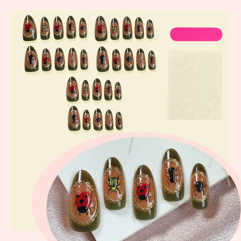 Nailhour 30Pcs Green 3D Vintage Medium Almond Press On Nails