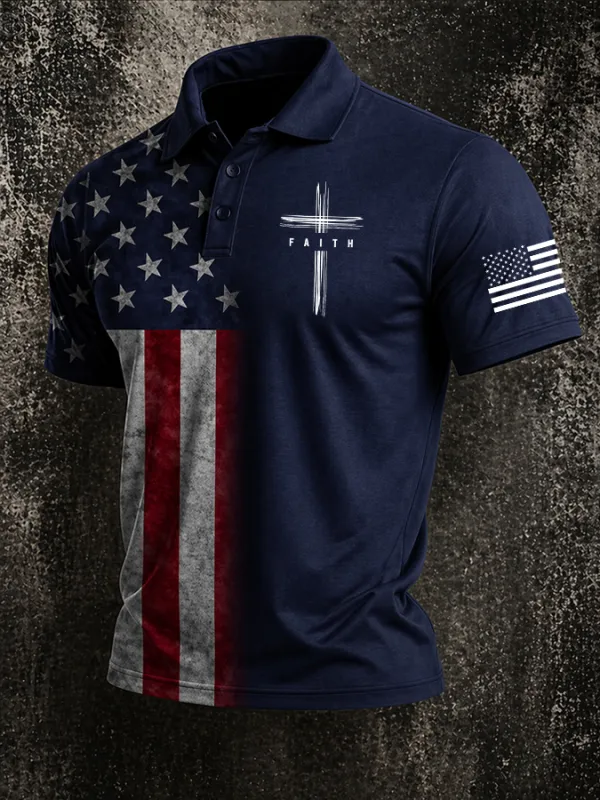 Men'S Cross Flag Printed Casual Polo Shirt