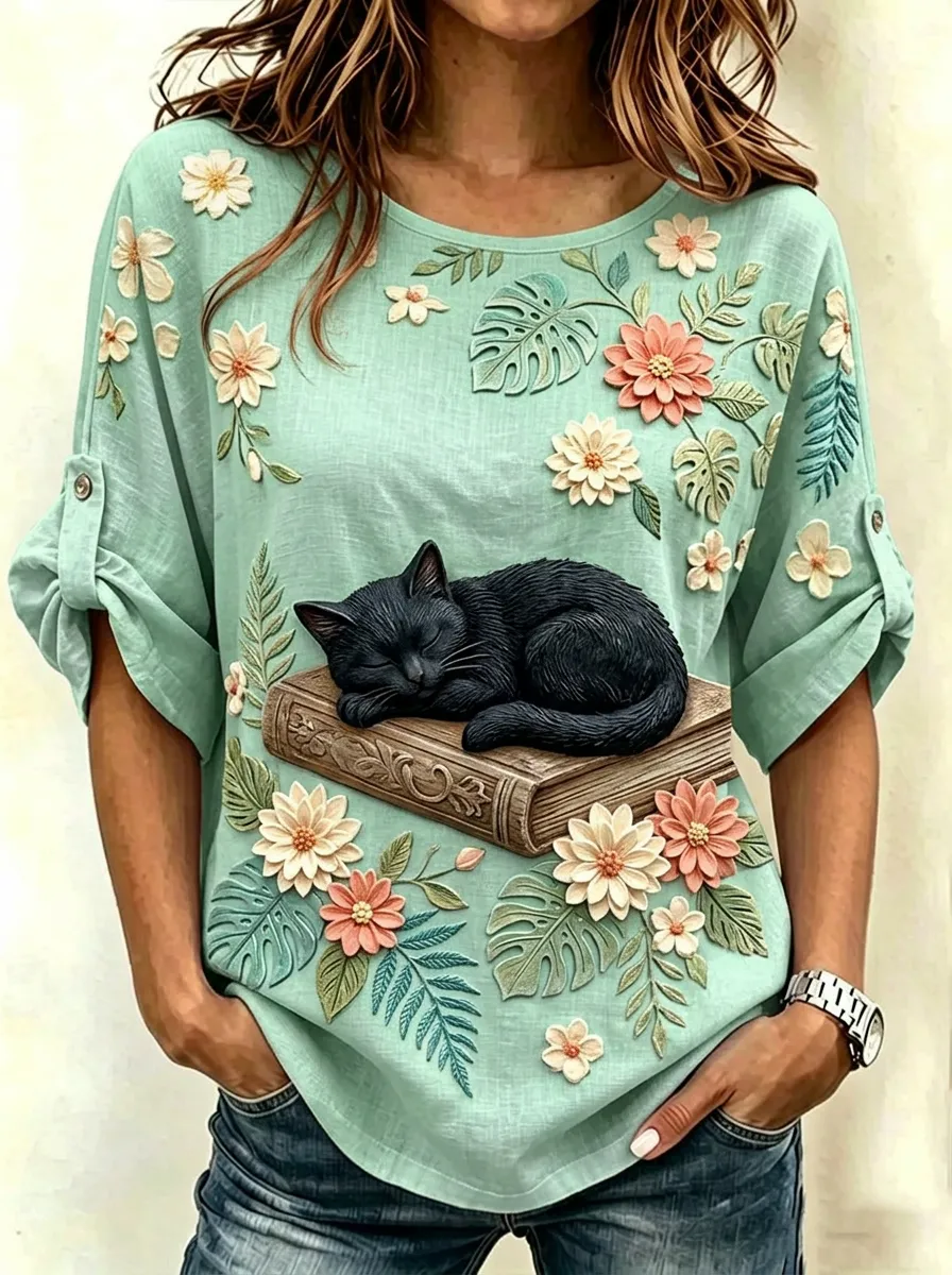 Women's Cat Lover Floral Book Printed Cotton Linen Top