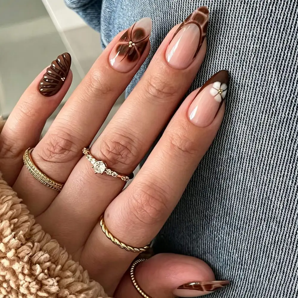 Nailhour 30Pcs Autumn Brown 3D Medium Almond Press On Nails