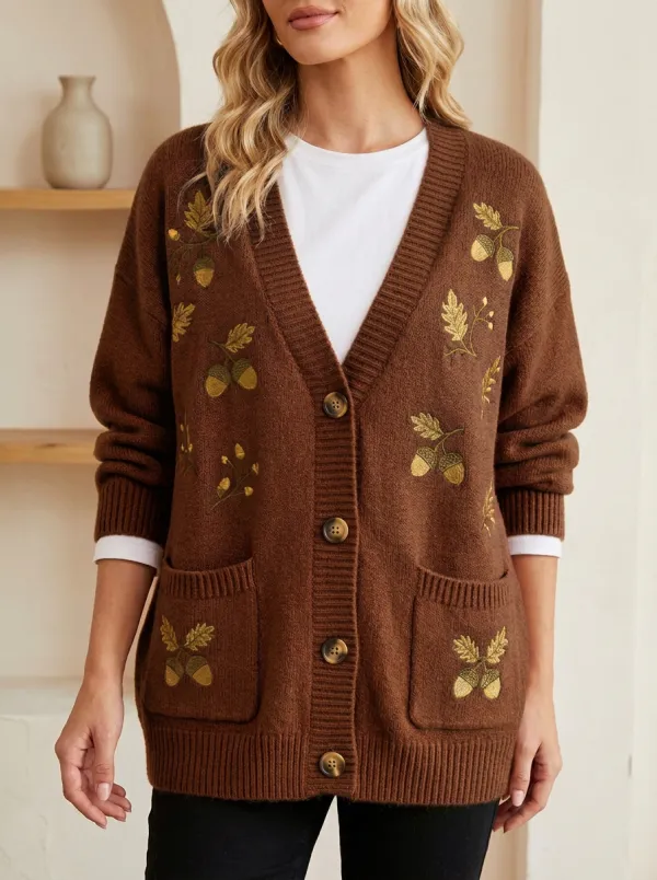 Botanical Acorn Leaf Embroidered Women's Knit Cardigan