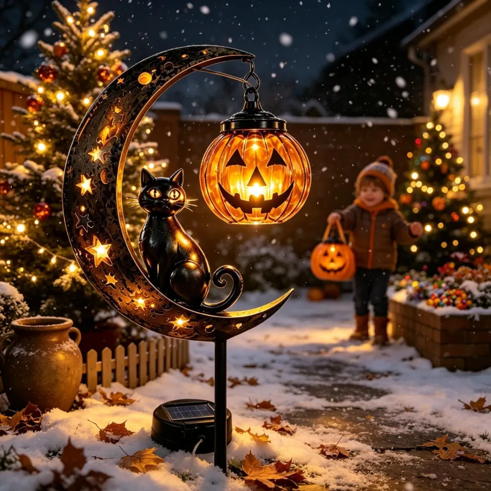 Halloween Solar Black Cat & Pumpkin Moon Stake Light