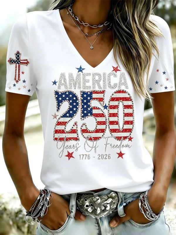 Women's Casual USA 250th Celebration Print Short Sleeve T-shirt