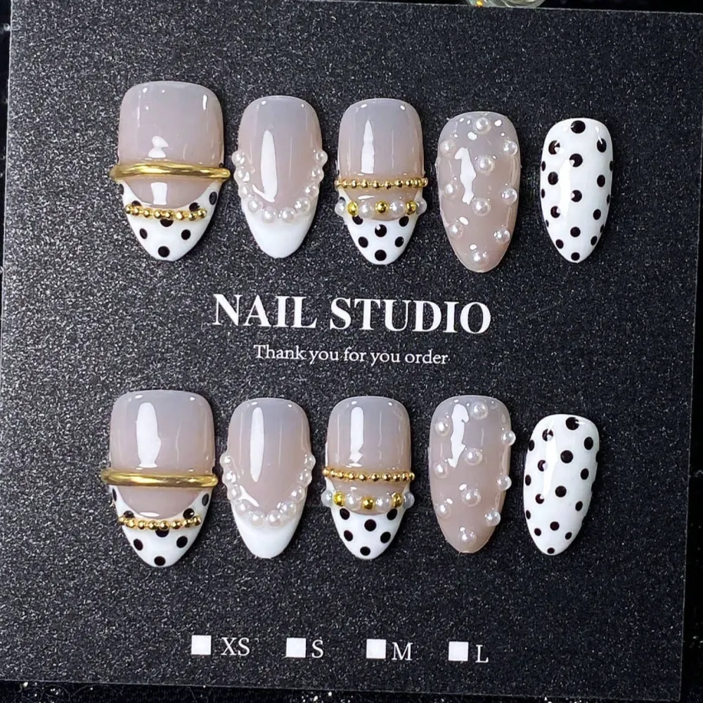Nailhour 10Pcs Handmade French Medium Almond 3D Polka Dot Press On Nails
