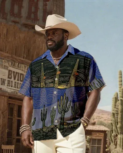 Men'S Western Wind Desert Cactus And UFO Print-Cuban Collar Short Sleeve Shirt