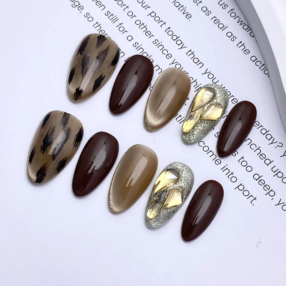 Nailhour 10Pcs Rhinestone 3D Medium Almond French Press On Nails