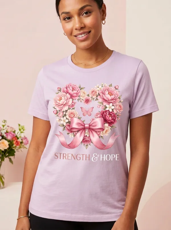 Women's Breast Cancer Awareness Floral Heart Ribbon Printed T-shirt