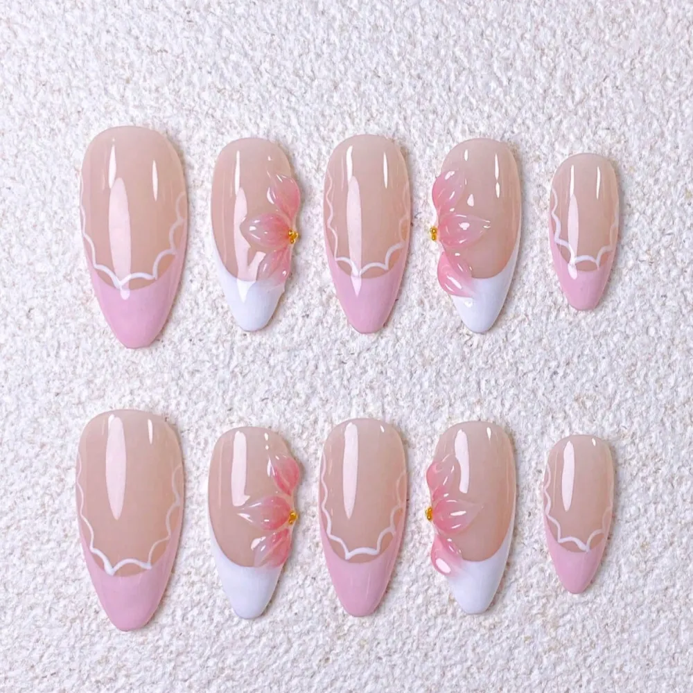 Nailhour 10Pcs Handmade French Medium Almond 3D Resin Nude Press On Nails