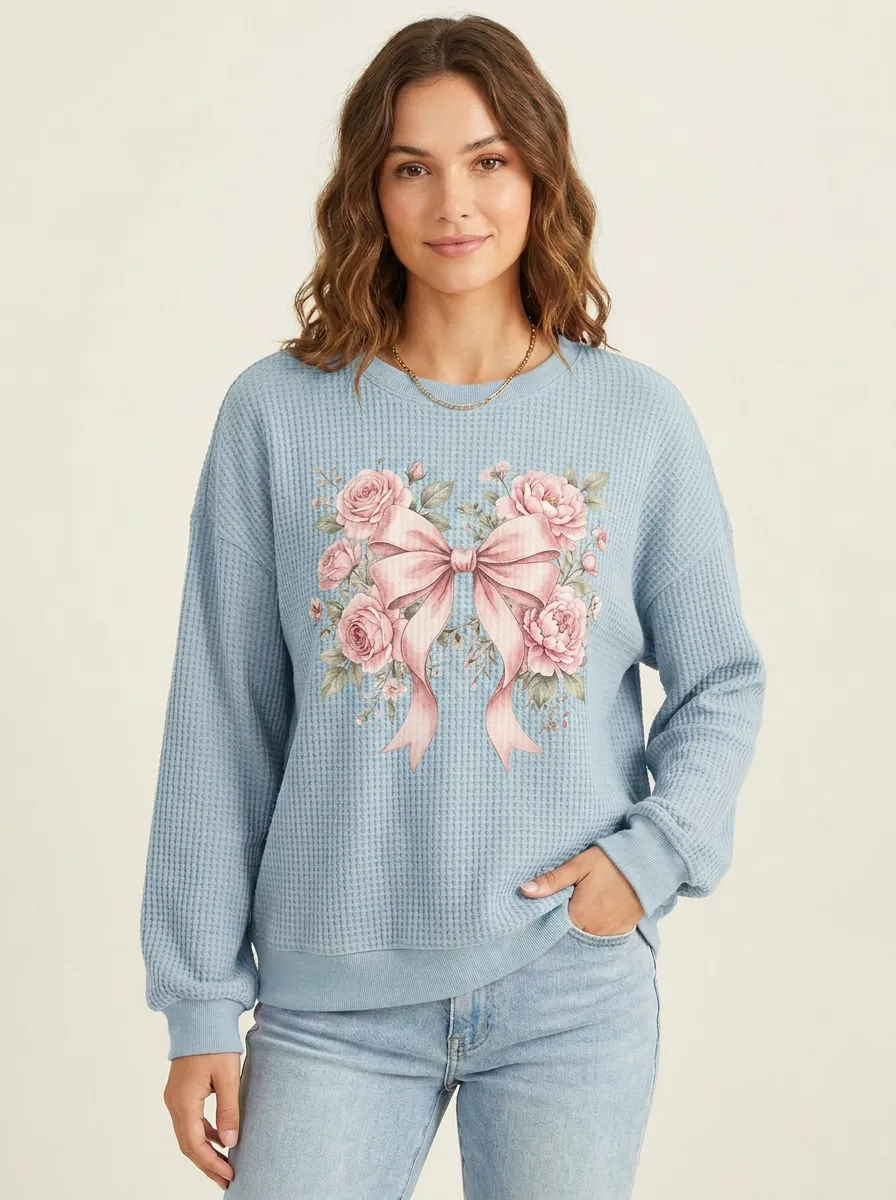 Women's Breast Cancer Awareness Pink Bow Floral Printed Waffle Sweatshirt