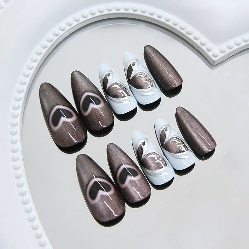 Nailhour 24Pcs Butterfly Gothic 3D Cat Eye Purple Medium Almond Press On Nails