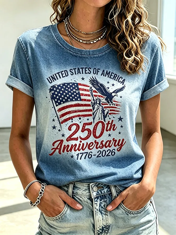 Ladies' Casual American 250Th Anniversary Commemorative Sequin Personalized Printed Round Neck Short Sleeved T-Shirt