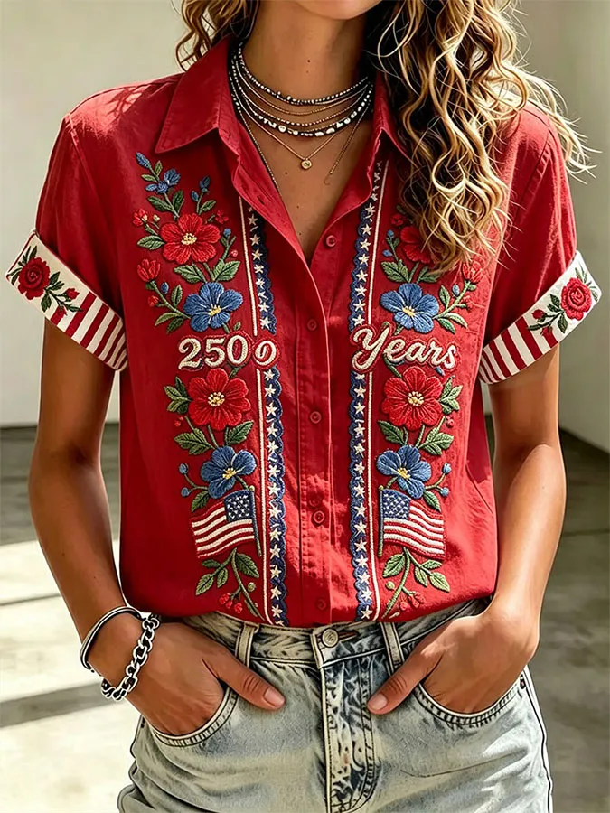 Women'S Casual American Flag 250Th Anniversary Celebration Floral Embroidery Printed Lapel Shirt
