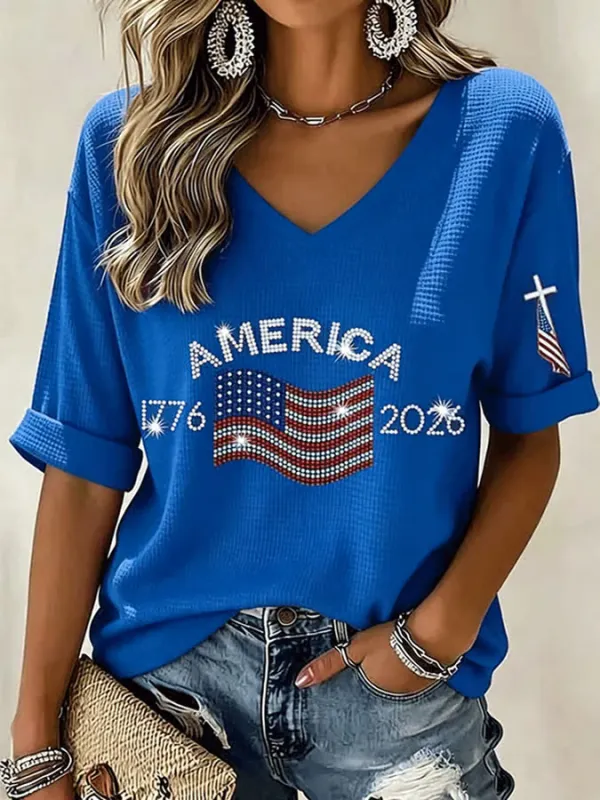 Ladies' American Flag Printed Casual Long Sleeve V-neck T-shirt
