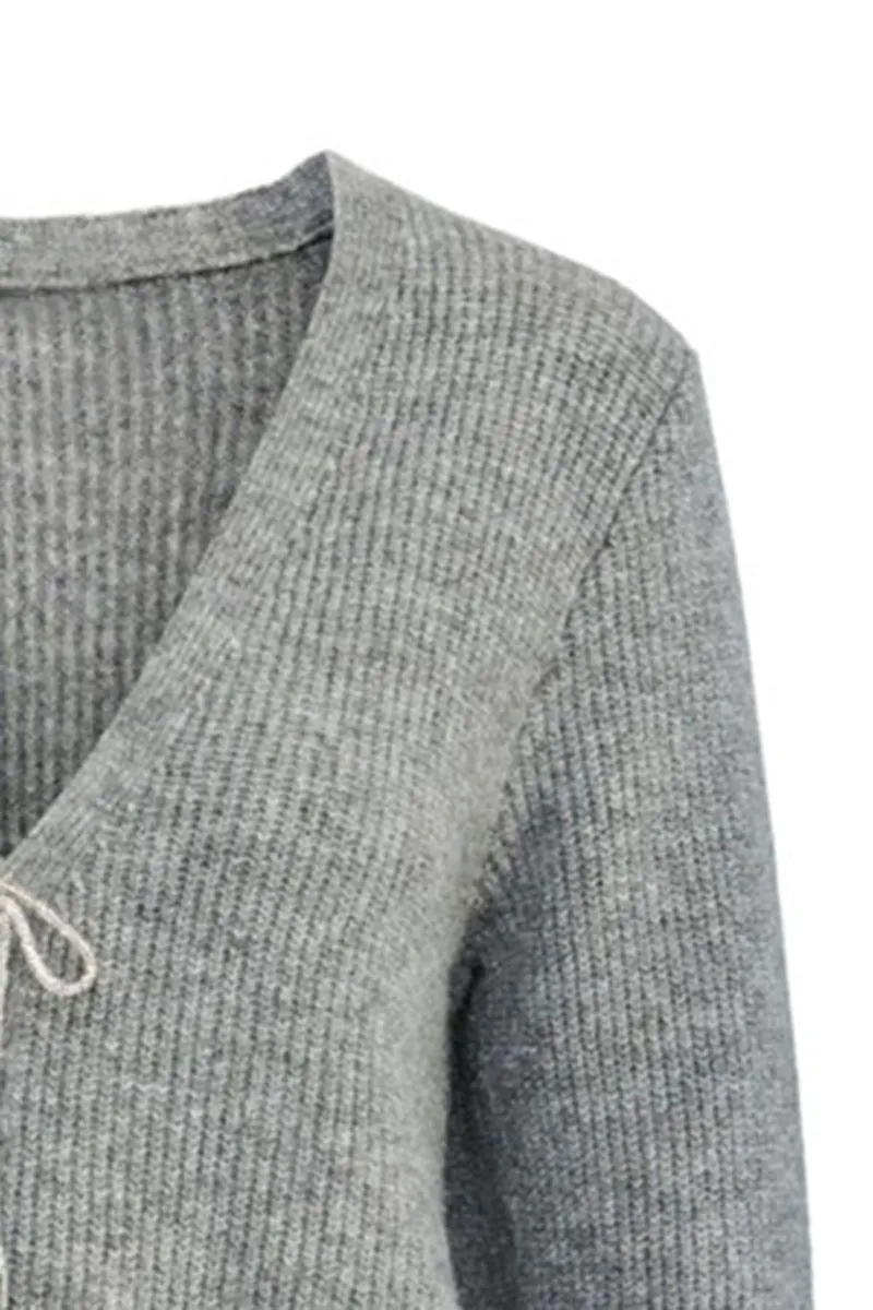 Grey Tie Front V-Neck Knit Cardigans