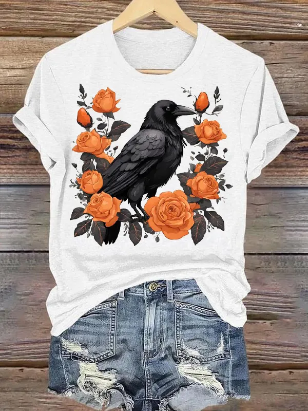 Crow Flower Graphic T-Shirt