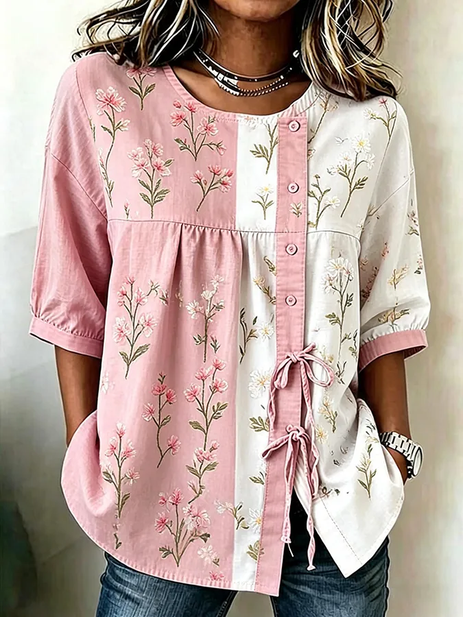 Women'S Casual Printed Cotton Linen Short Sleeved Shirt