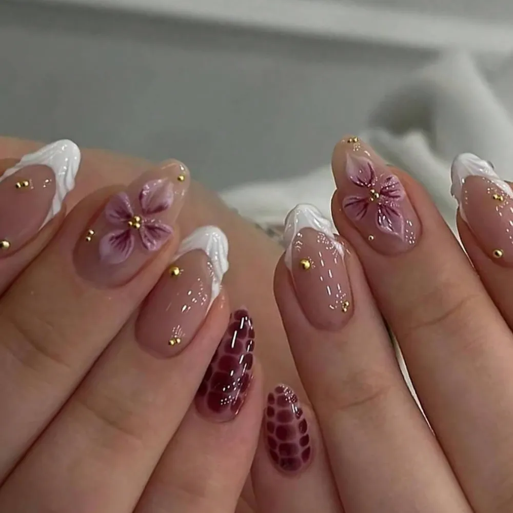 Nailhour 30Pcs French Medium Almond 3D Floral Rhinestone Press On Nails