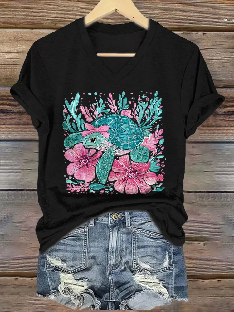 Women's Sea Turtles Short Sleeves V-Neck Pure Cotton T-Shirt