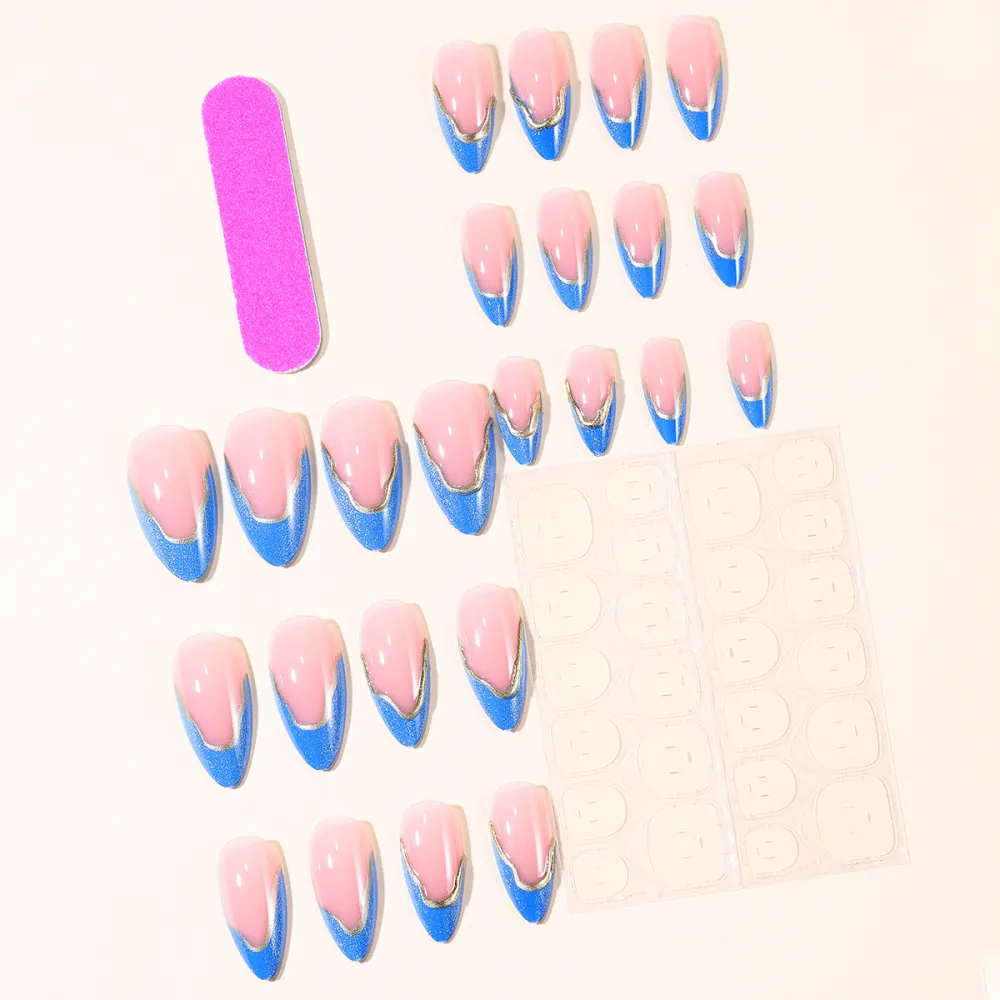 Nailhour 24Pcs 3D Gilded Blue French Press On Nails